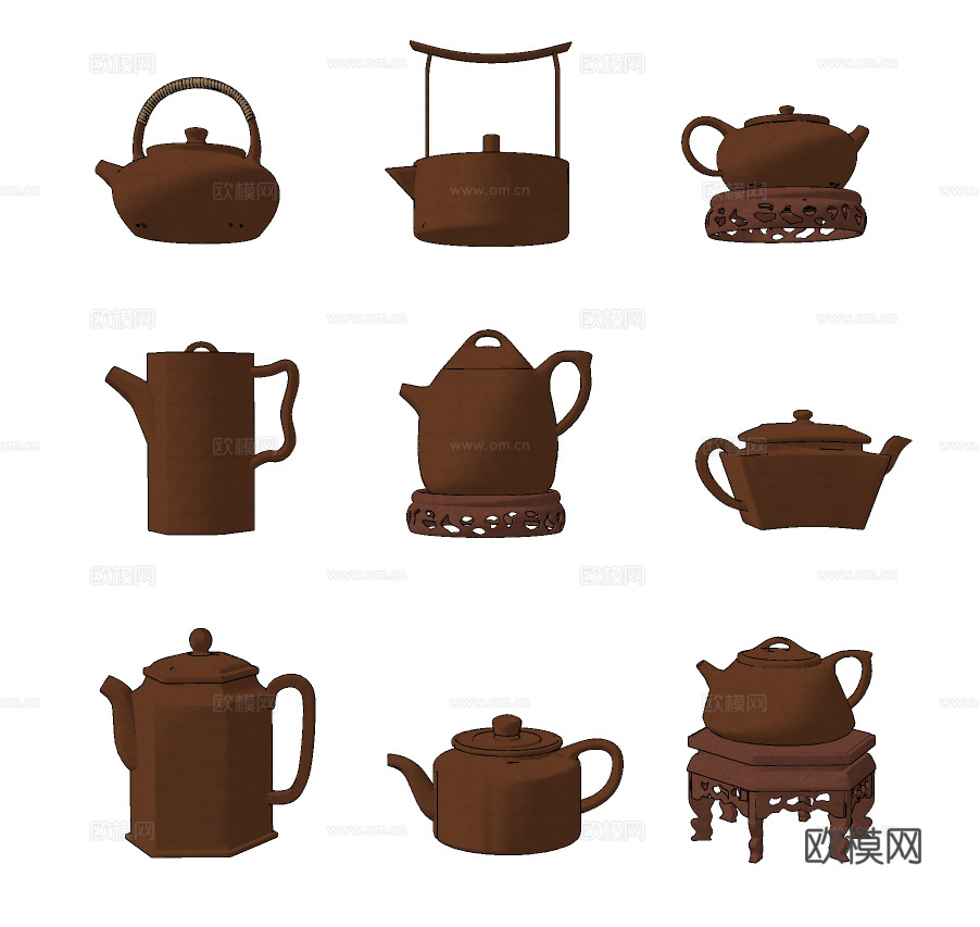 新中式紫砂壶茶具茶盘su模型下载