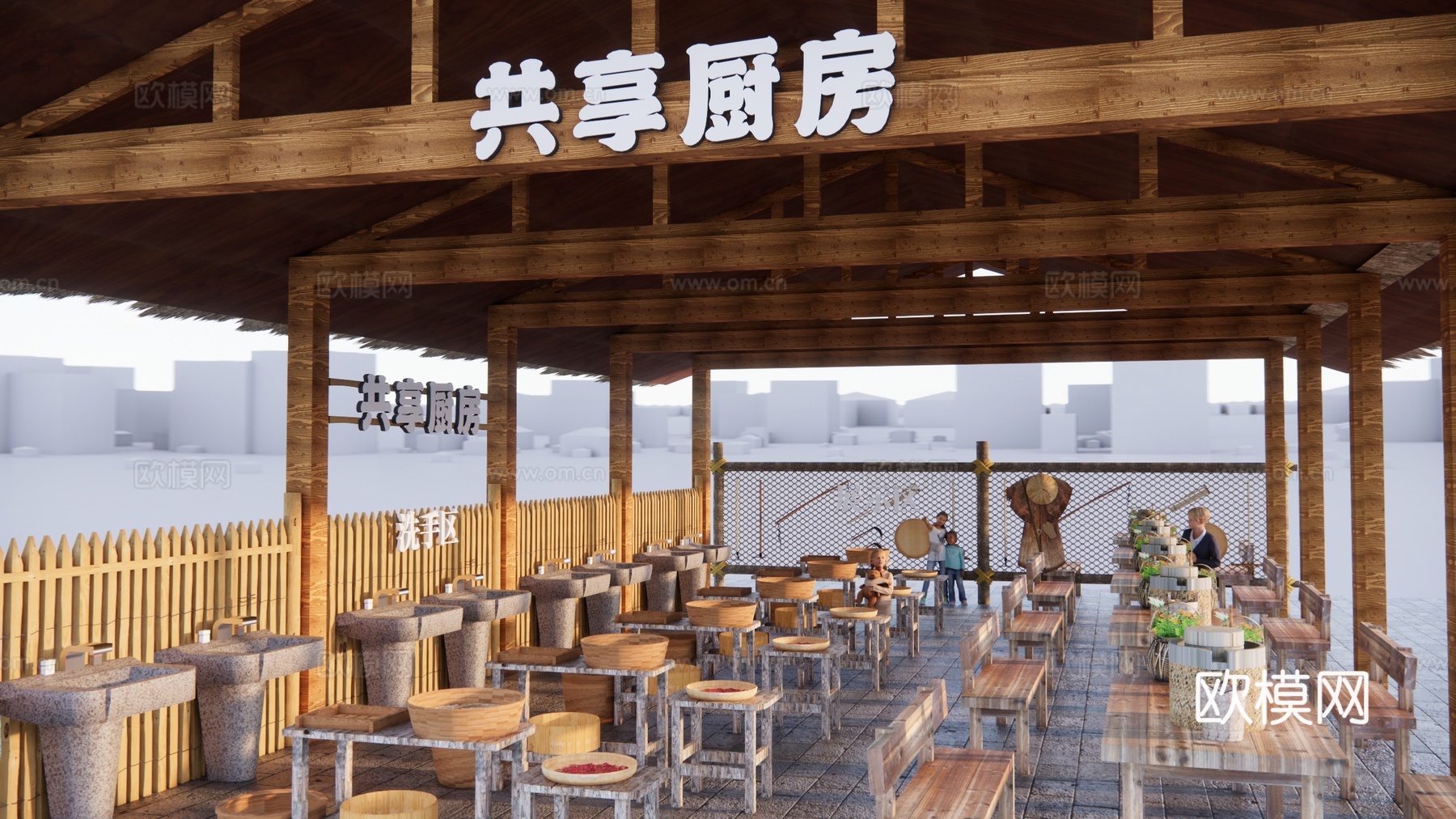 新中式研学教室 共享厨房 劳动研学长廊 展览馆建筑 乡村游客中心 农产品展销中心su模型下载