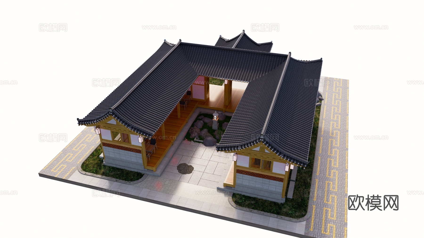 新中式餐厅建筑外观su模型下载