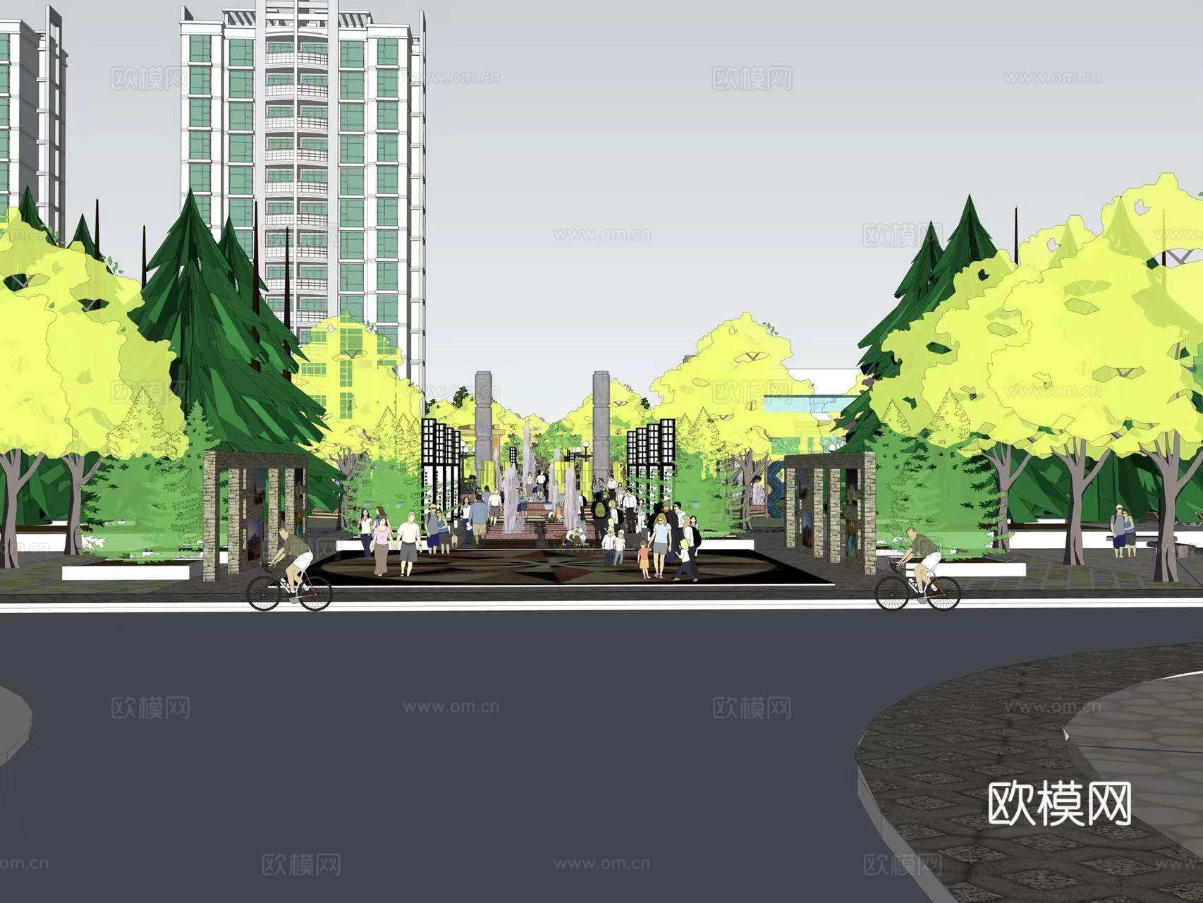 现代公园广场su模型下载