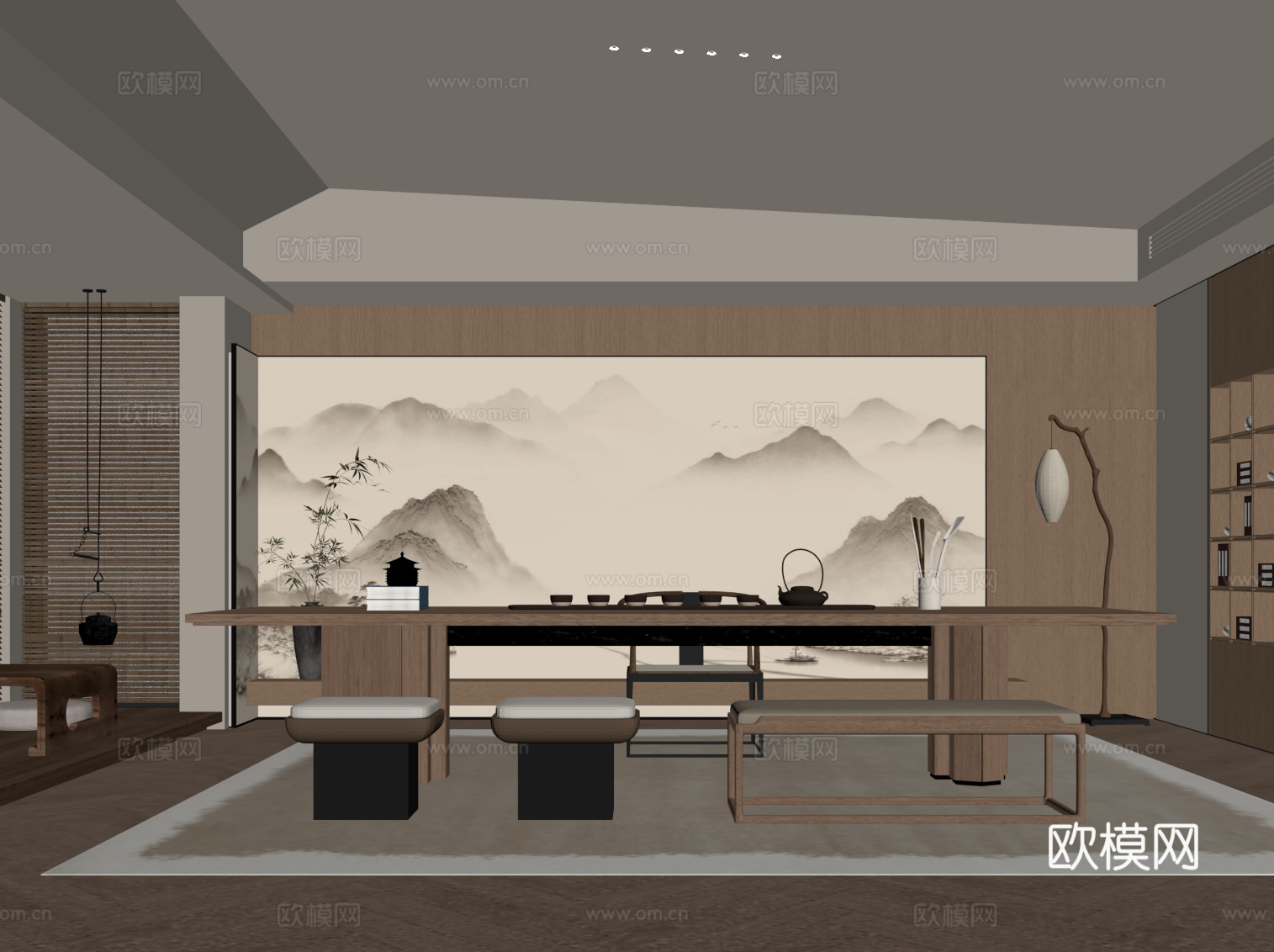 新中式茶室 茶桌椅 书房su模型