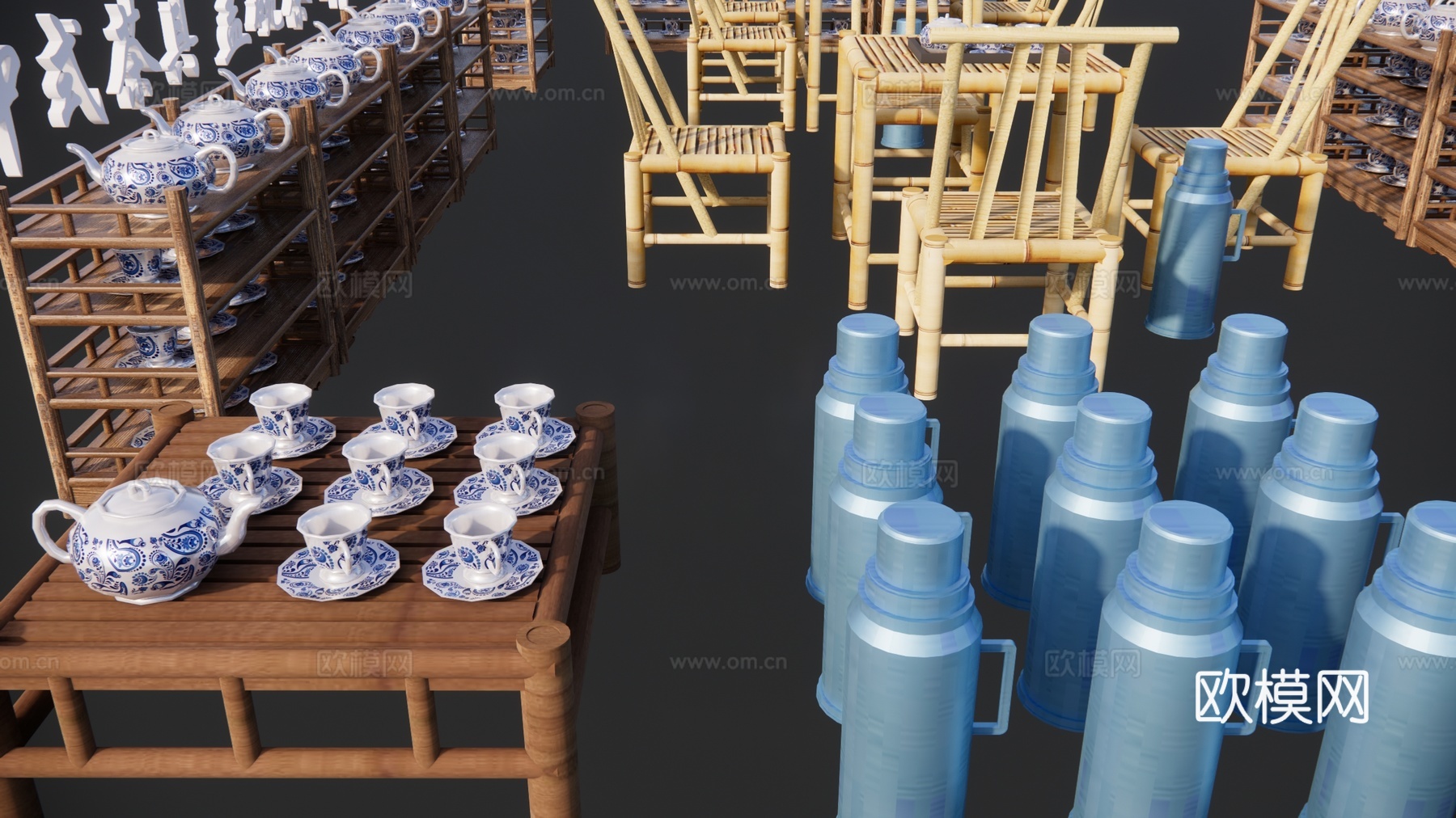 新中式茶具 乡村座椅 生态桌椅 水壶 温水瓶 盖碗茶 老茶馆水壶su模型下载