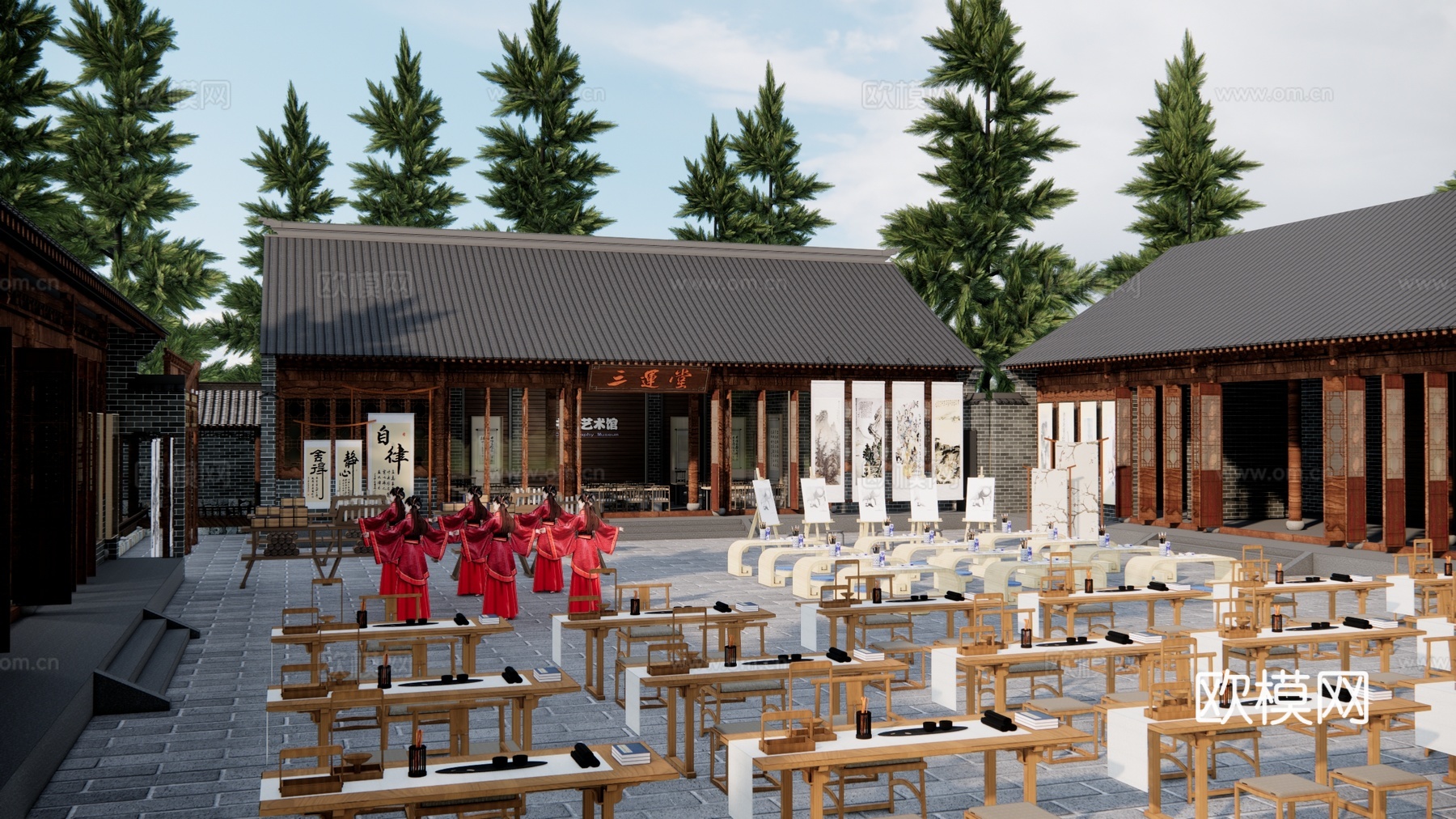 中式研学教室 展览馆学堂 研学实践基地su模型下载
