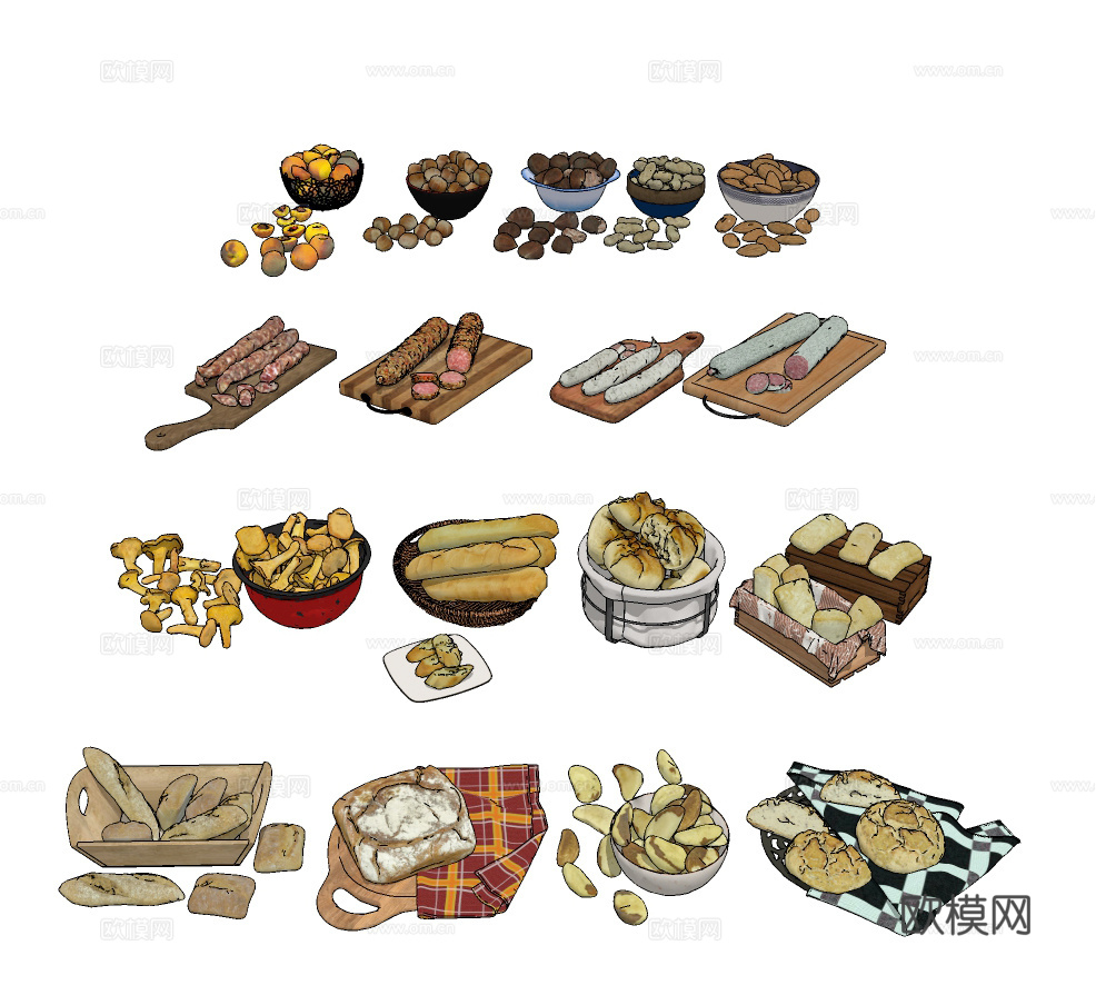现代干果面包食材食物su模型下载