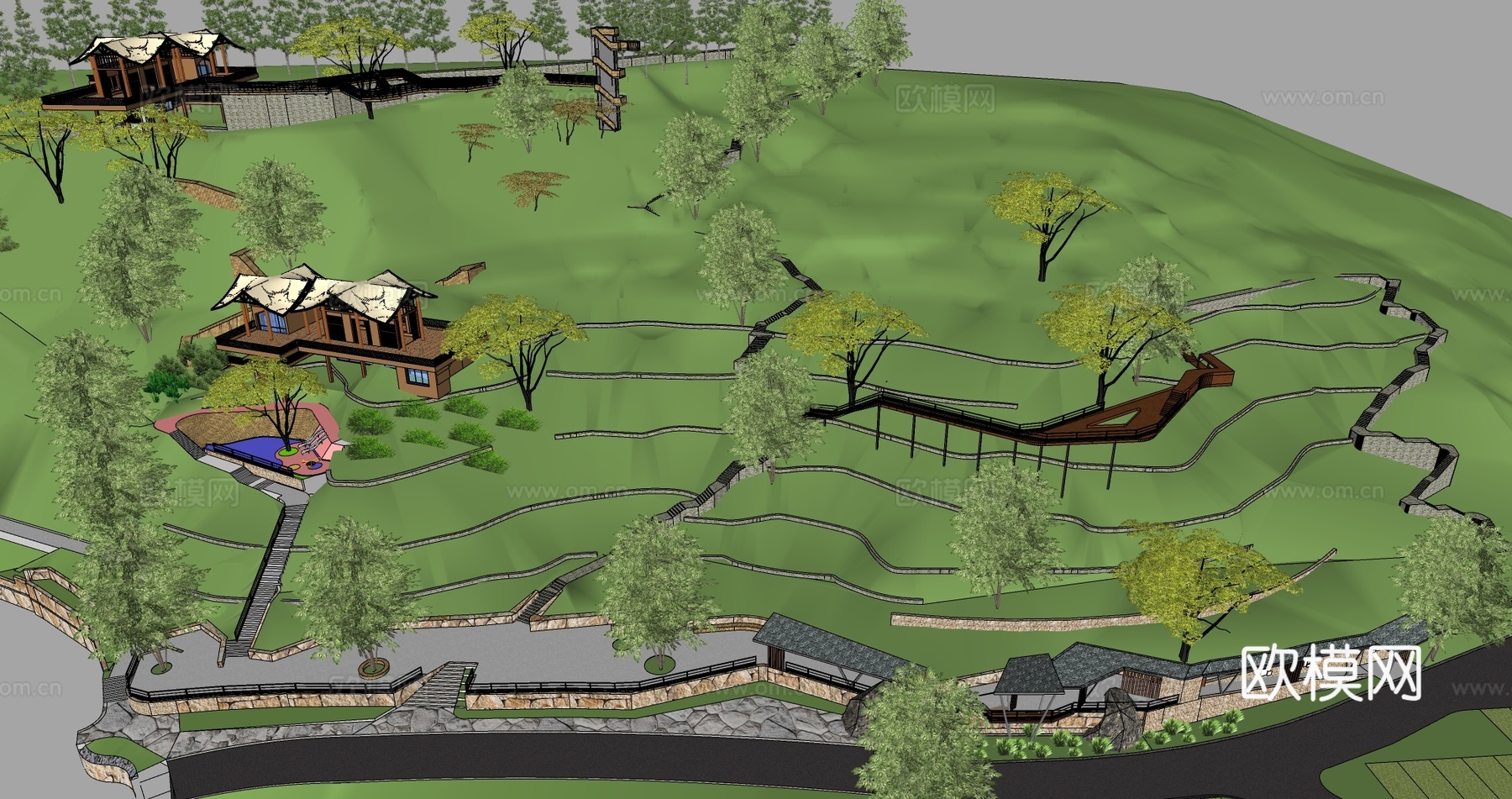 现代山地森林公园木屋观景台su模型
