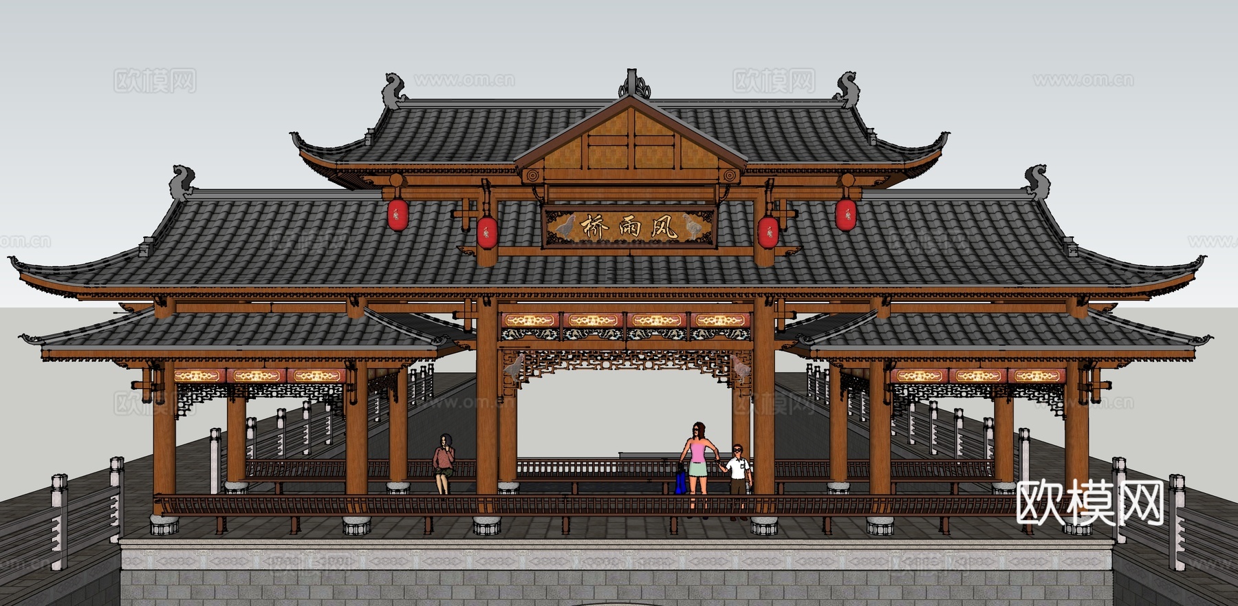 中式古建风雨桥景观桥su模型下载