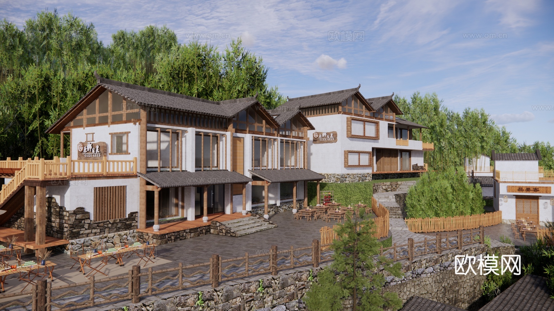 新中式乡村民宿 民宿院落 庭院建筑 餐饮建筑 会所酒店su模型下载