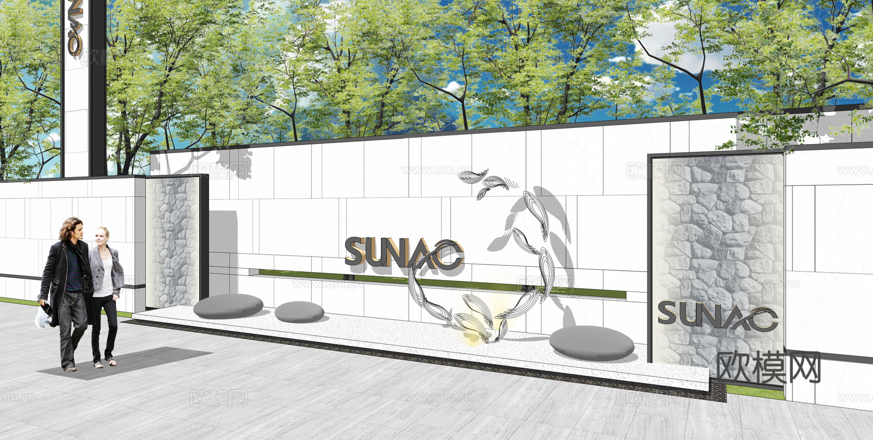 现代景观墙su模型下载