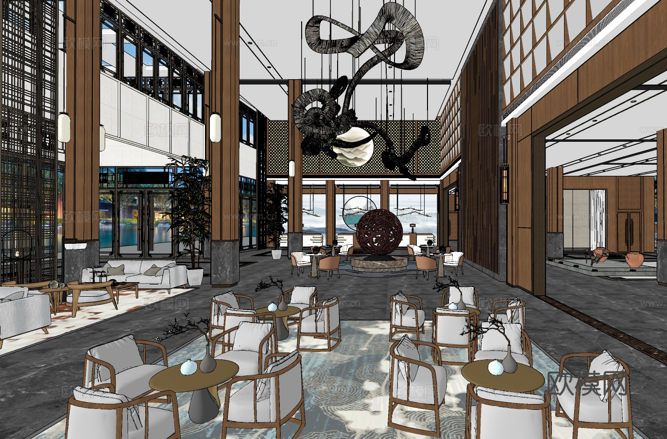 新中式酒店大堂吧su模型下载