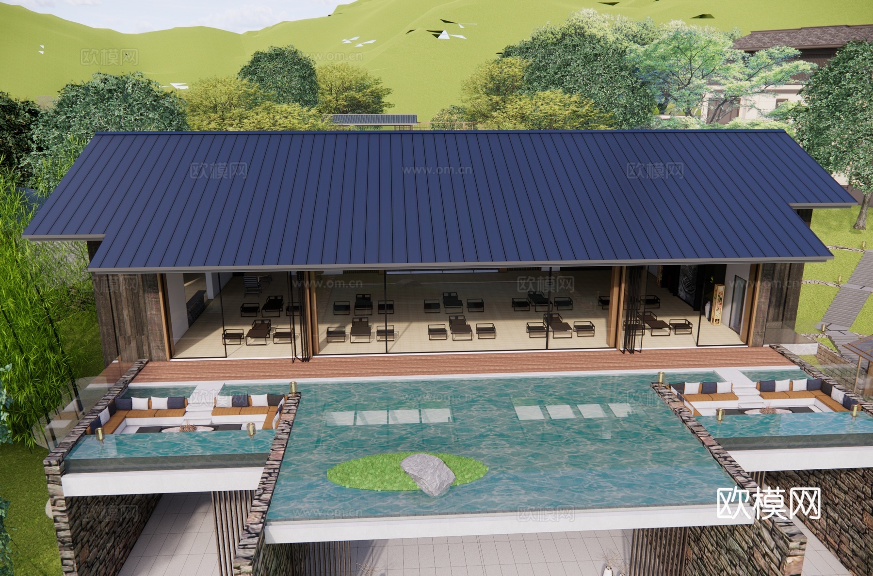 新中式民宿酒店建筑外观su模型下载