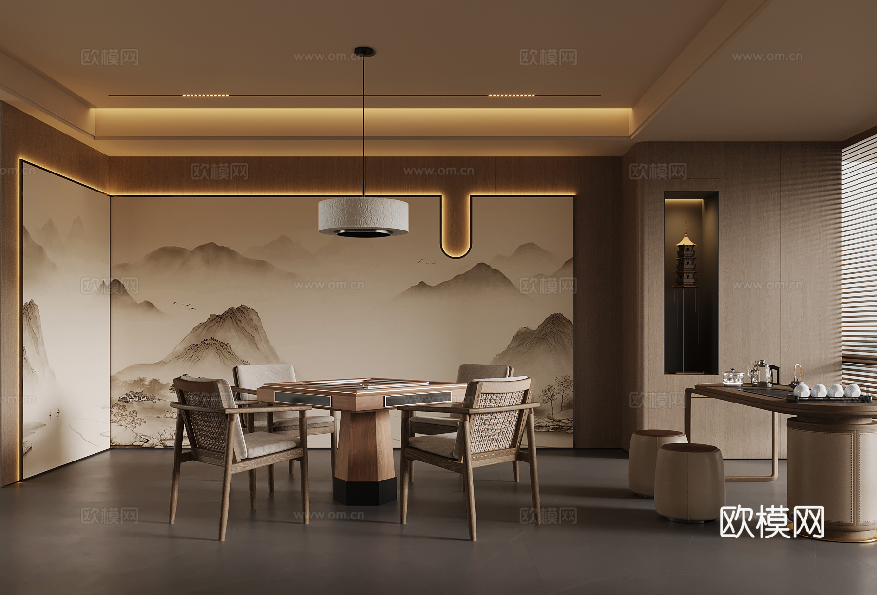 新中式包厢 餐饮包间 餐桌椅 小茶台3d模型3d模型