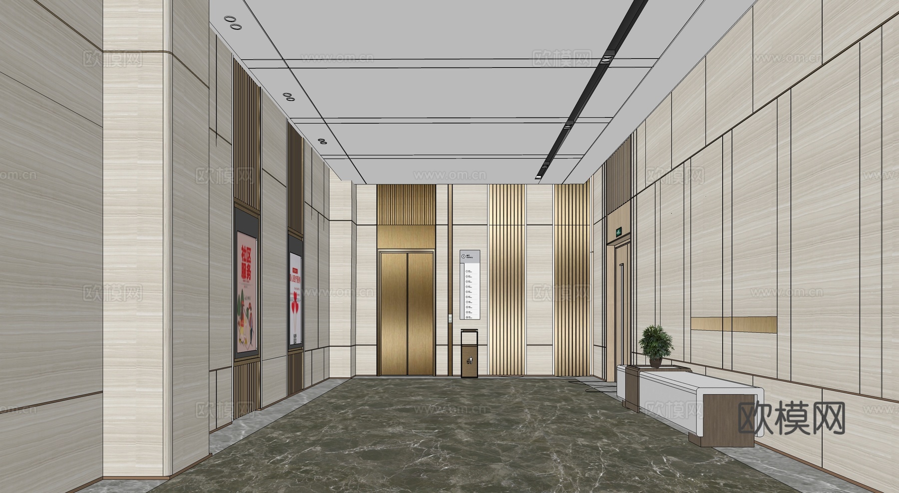 现代酒店电梯厅su模型下载