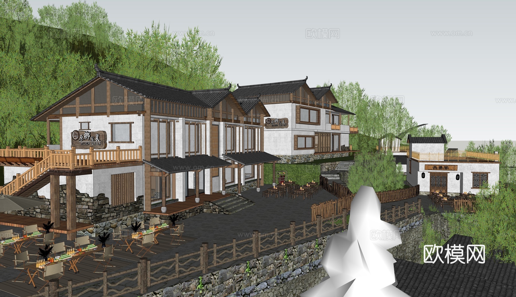 新中式乡村民宿 民宿院落 庭院建筑 餐饮建筑 会所酒店su模型下载