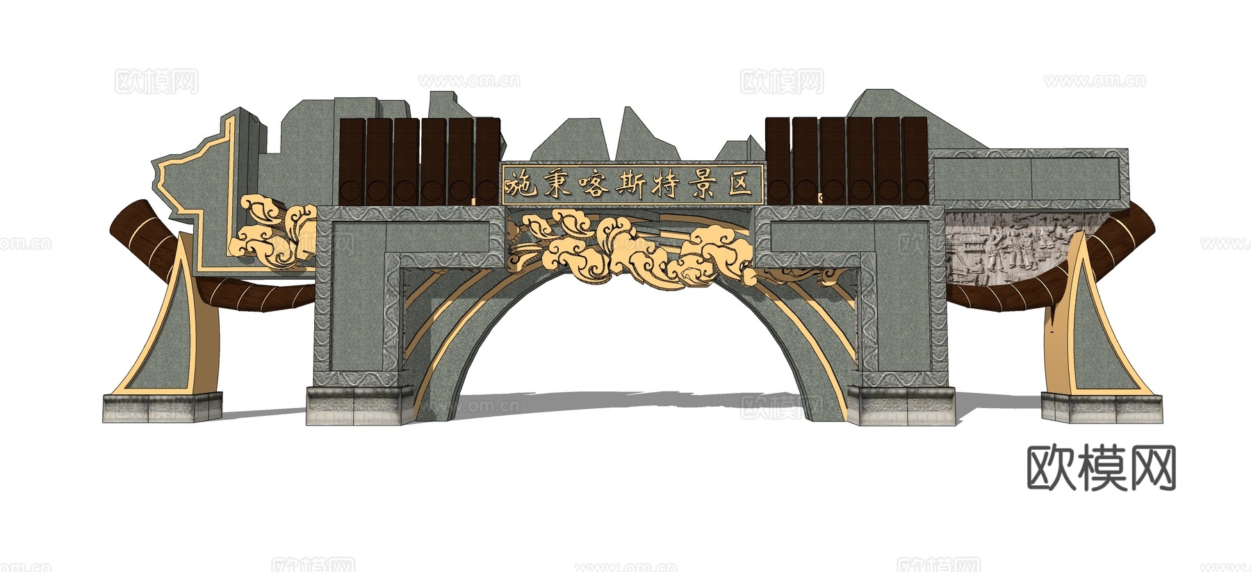 新中式景区大门su模型下载