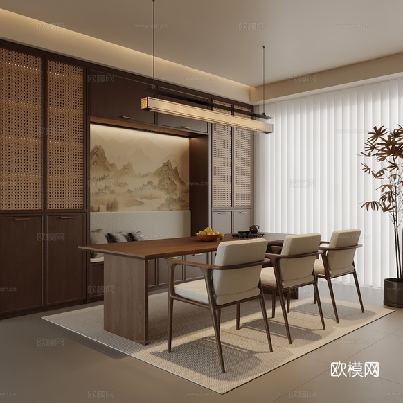 新中式餐廳 卡座酒柜 餐桌椅3d模型下載