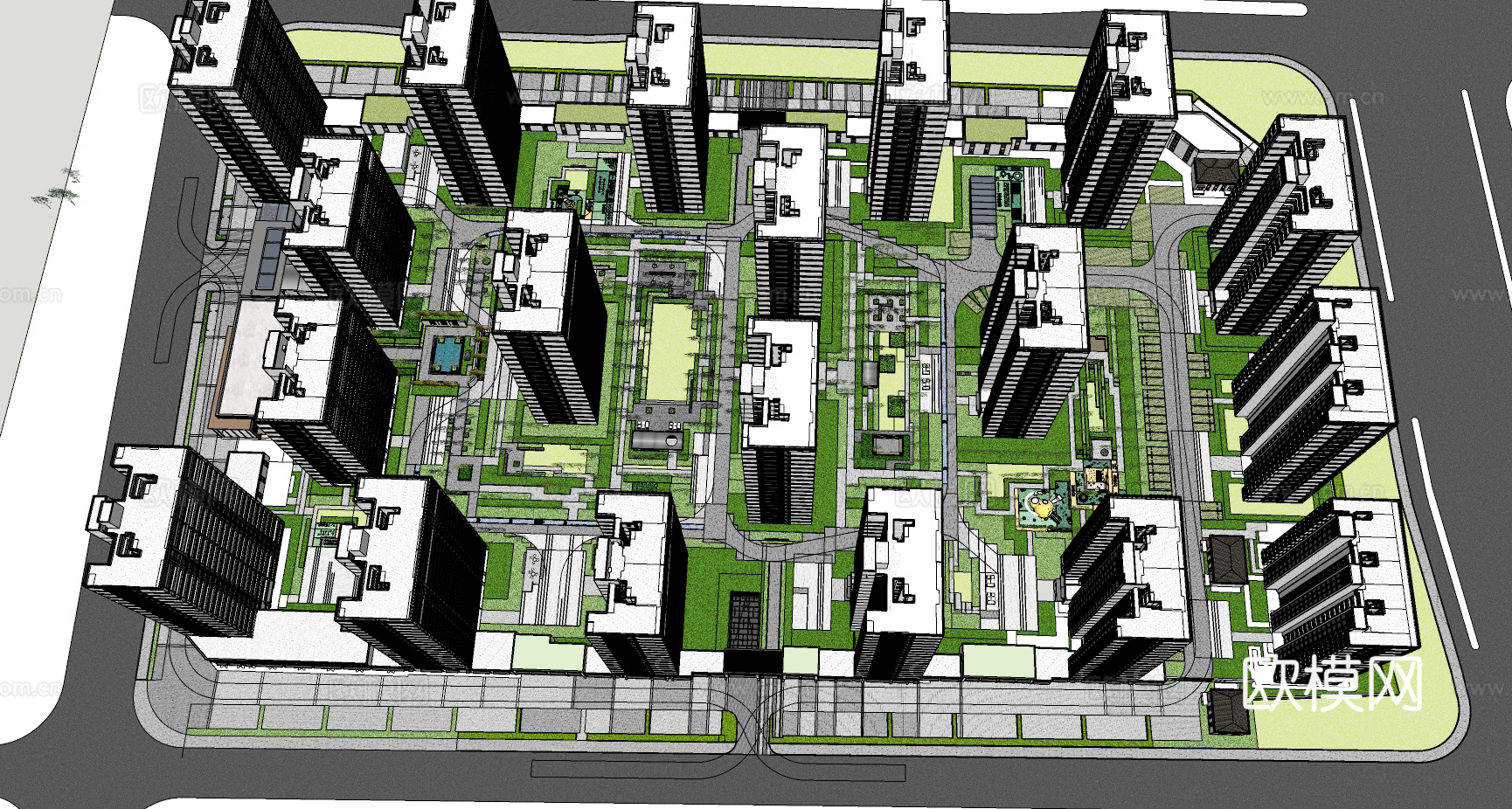 现代住宅小区鸟瞰su模型下载下载
