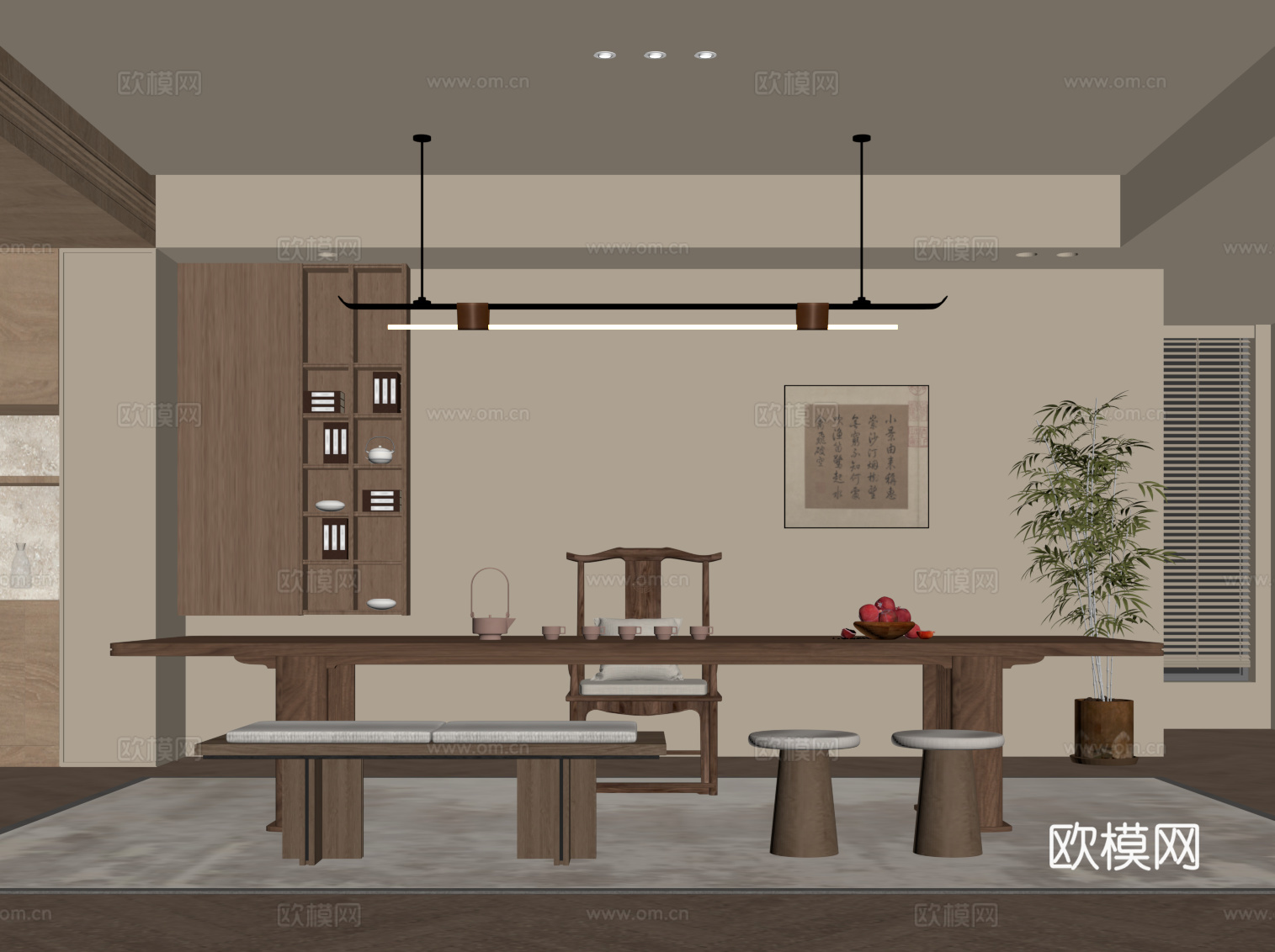 新中式茶室 茶桌椅 书房su模型