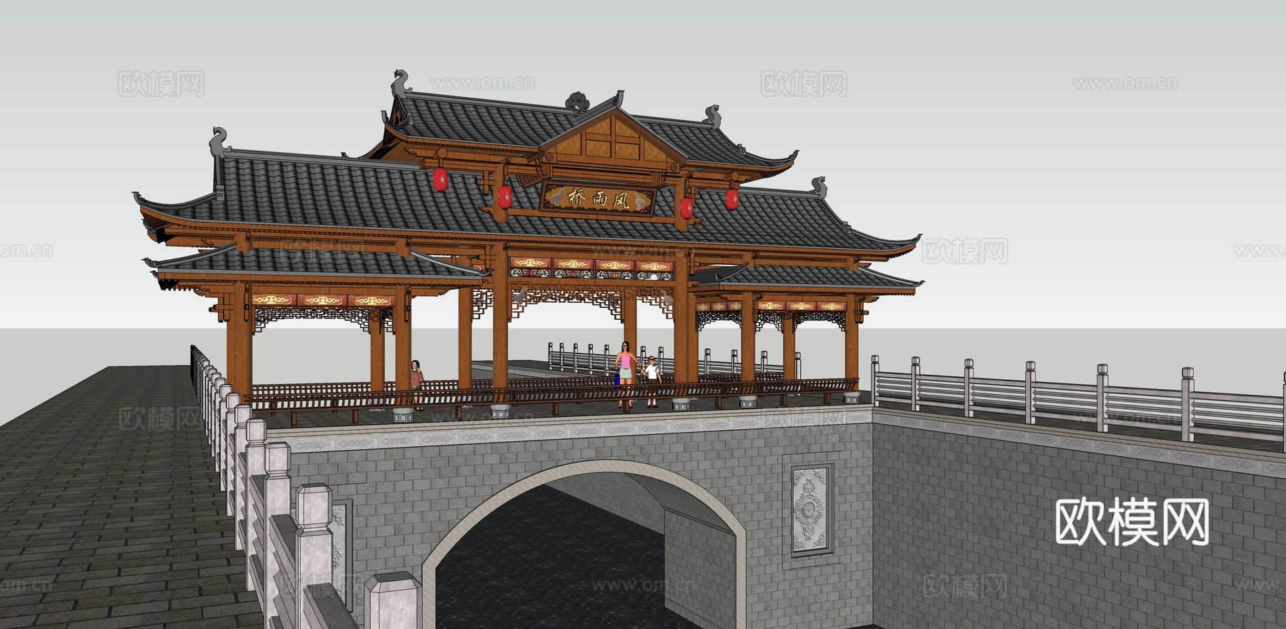 中式古建风雨桥景观桥su模型下载
