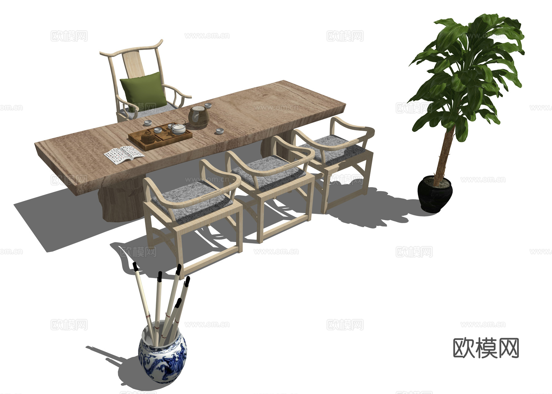 新中式实木茶桌椅su模型