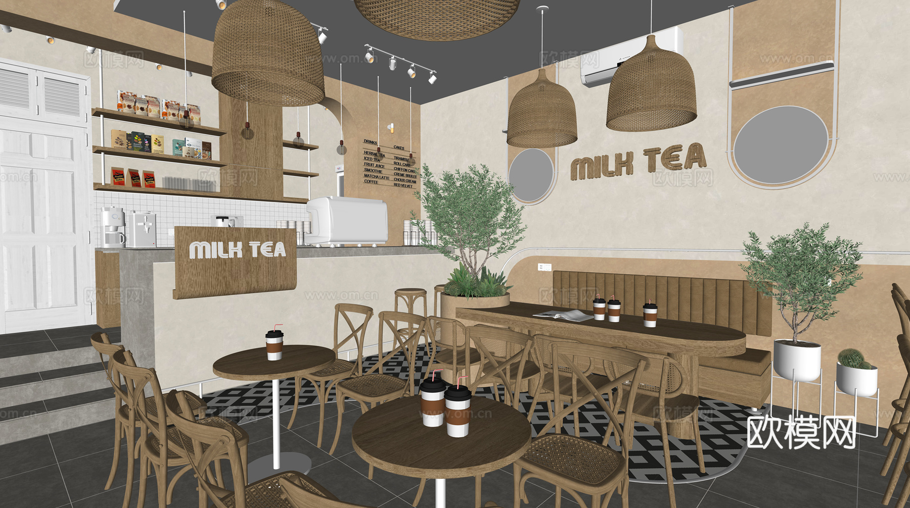 侘寂原木风奶茶店su模型下载
