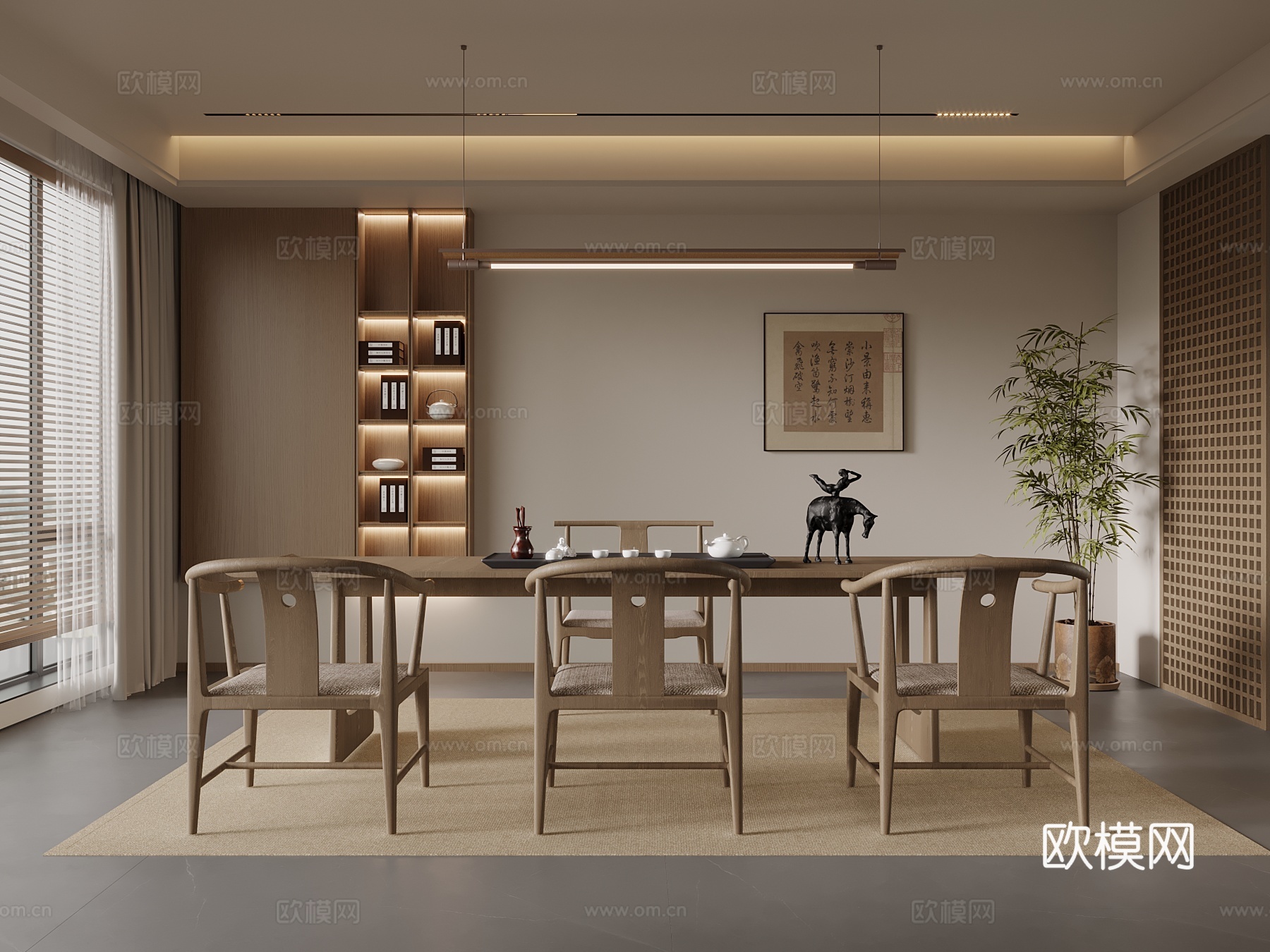 新中式书房 书柜 书桌椅 茶室su模型