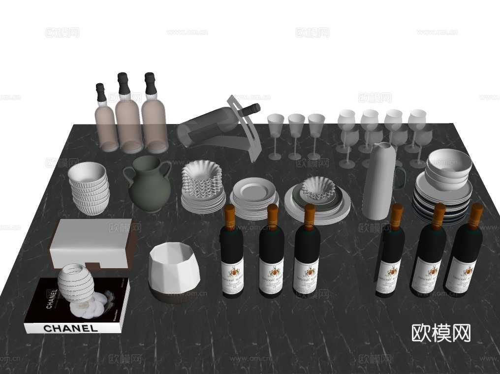现代餐具红酒瓶su模型下载