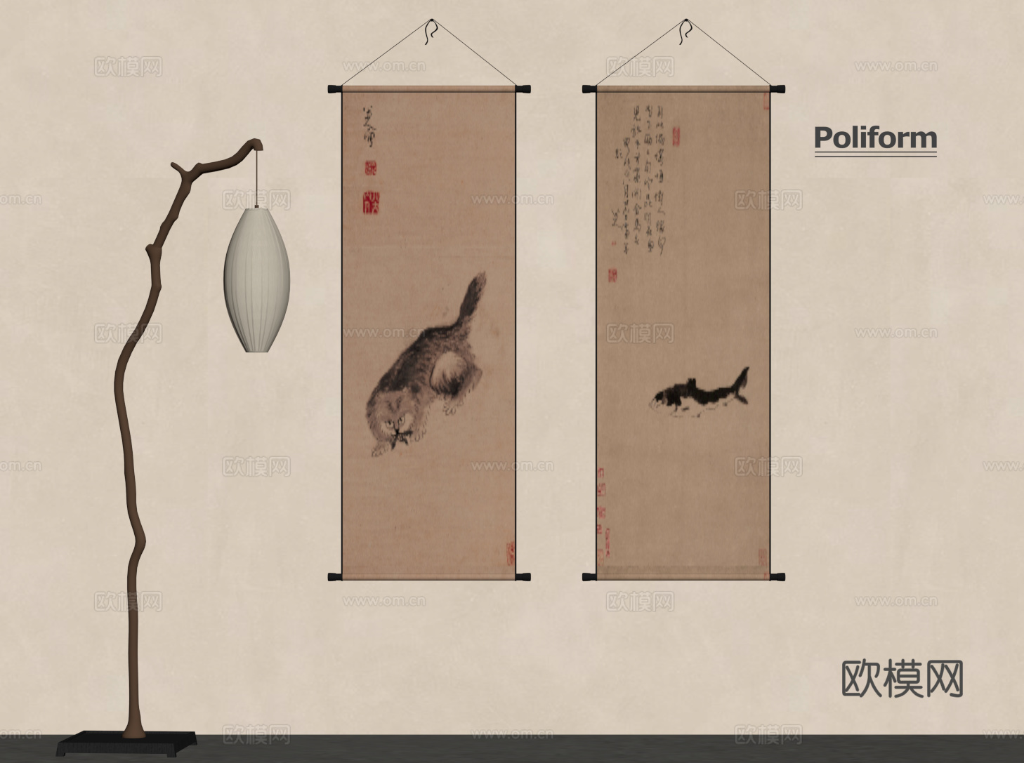 新中式装饰画 卷轴画 落地灯su模型