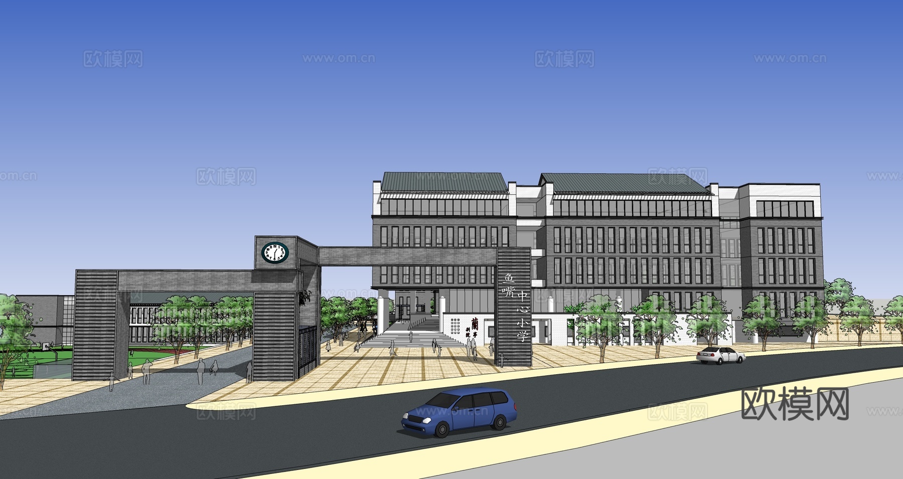 新中式小学学校su模型下载