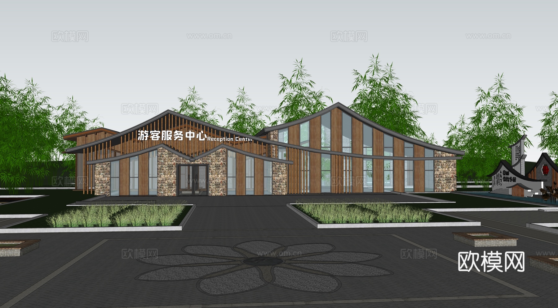 新中式游客中心建筑外观su模型下载