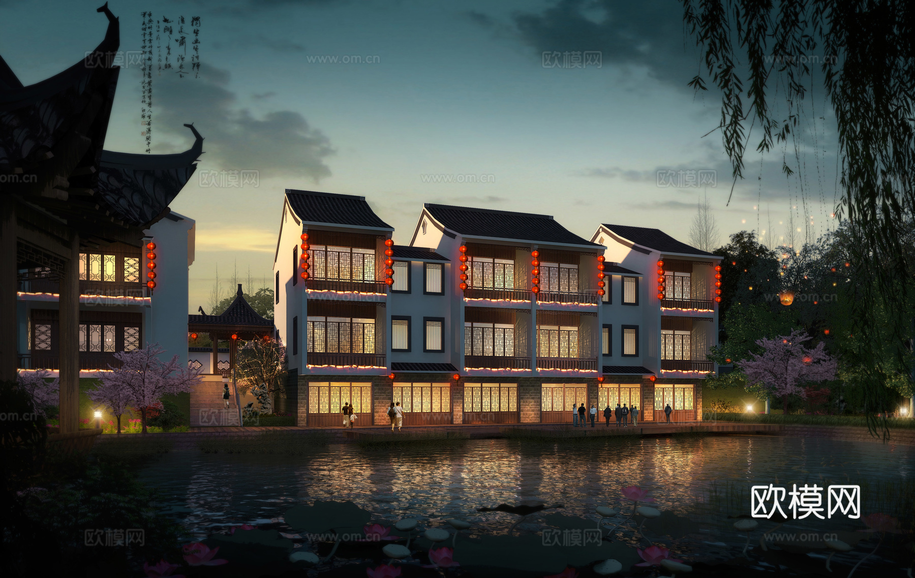 中式度假村建筑外观su模型下载