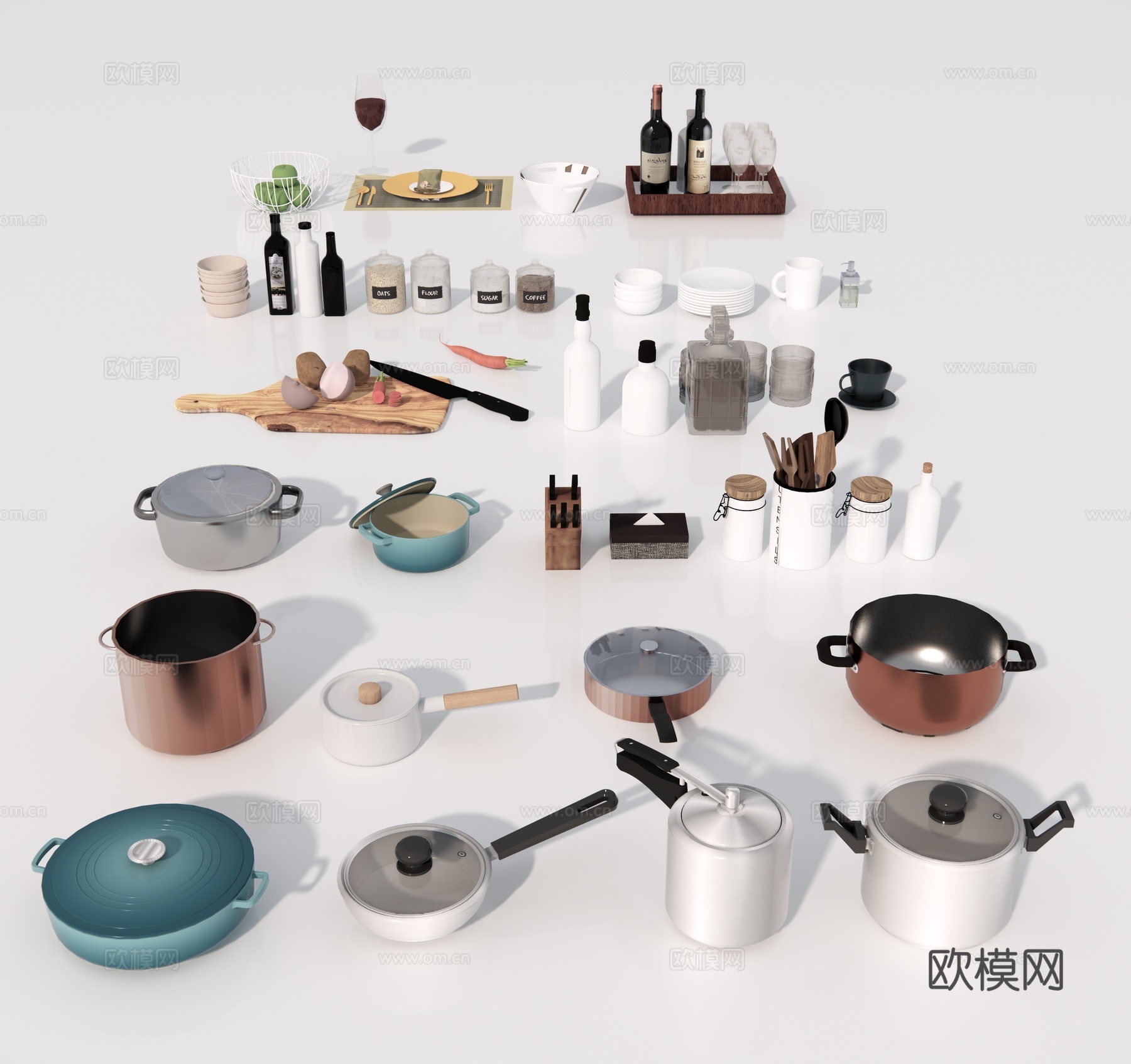 现代厨房用品 碗碟 调味瓶su模型下载