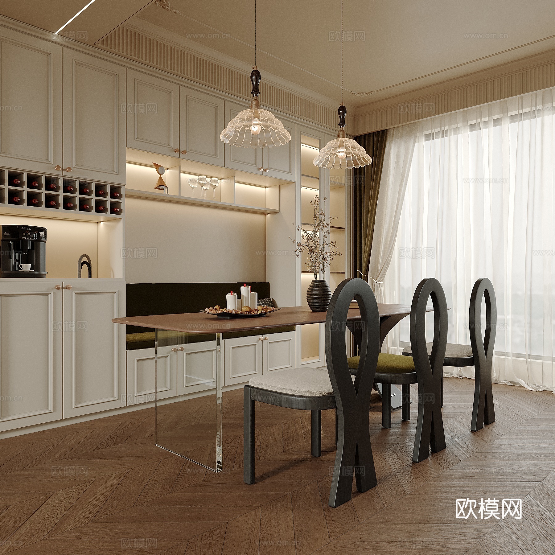 法式餐厅 卡座酒柜 餐桌椅3d模型