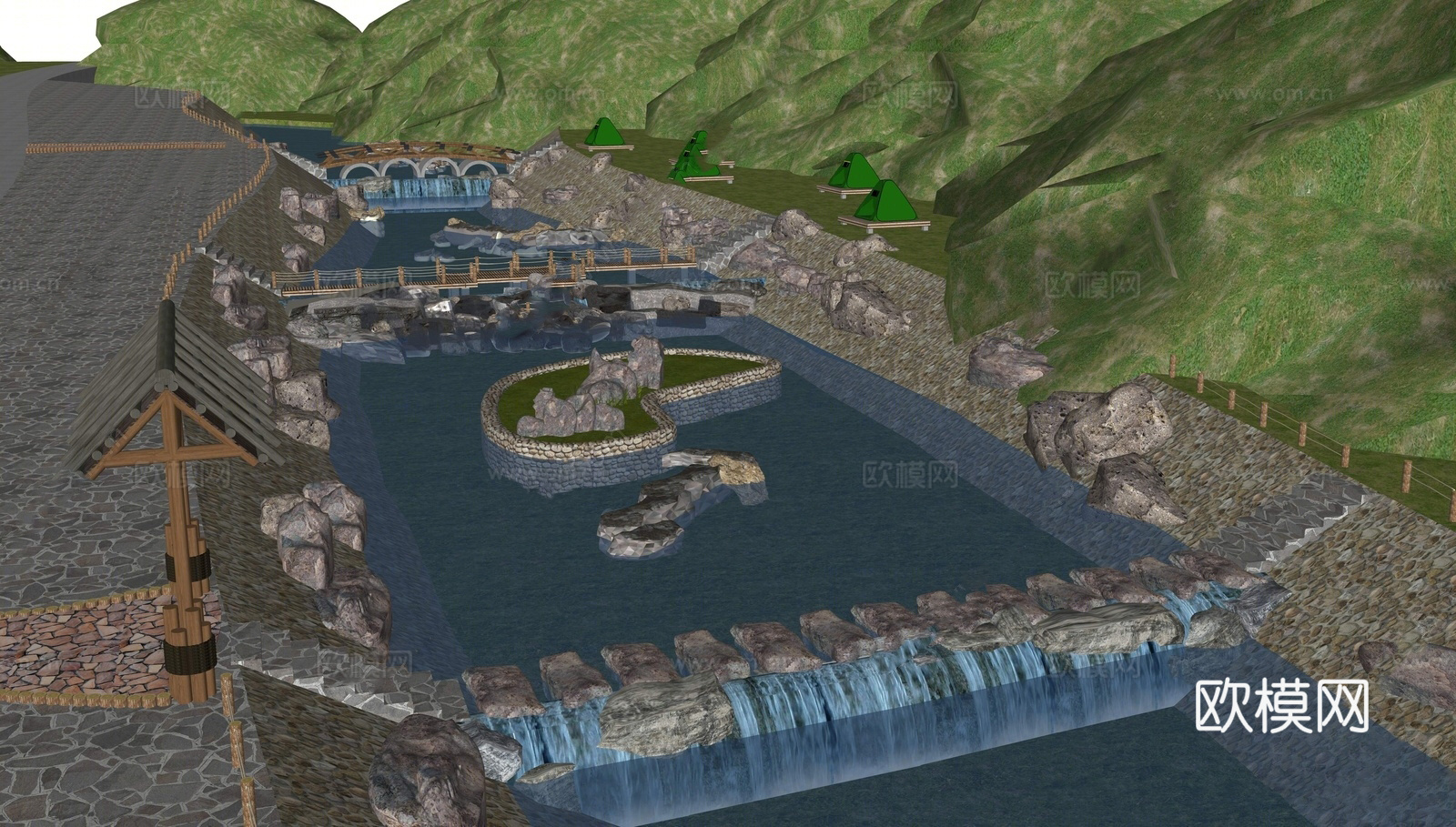 现代滨水景观  石头 河流 瀑布su模型