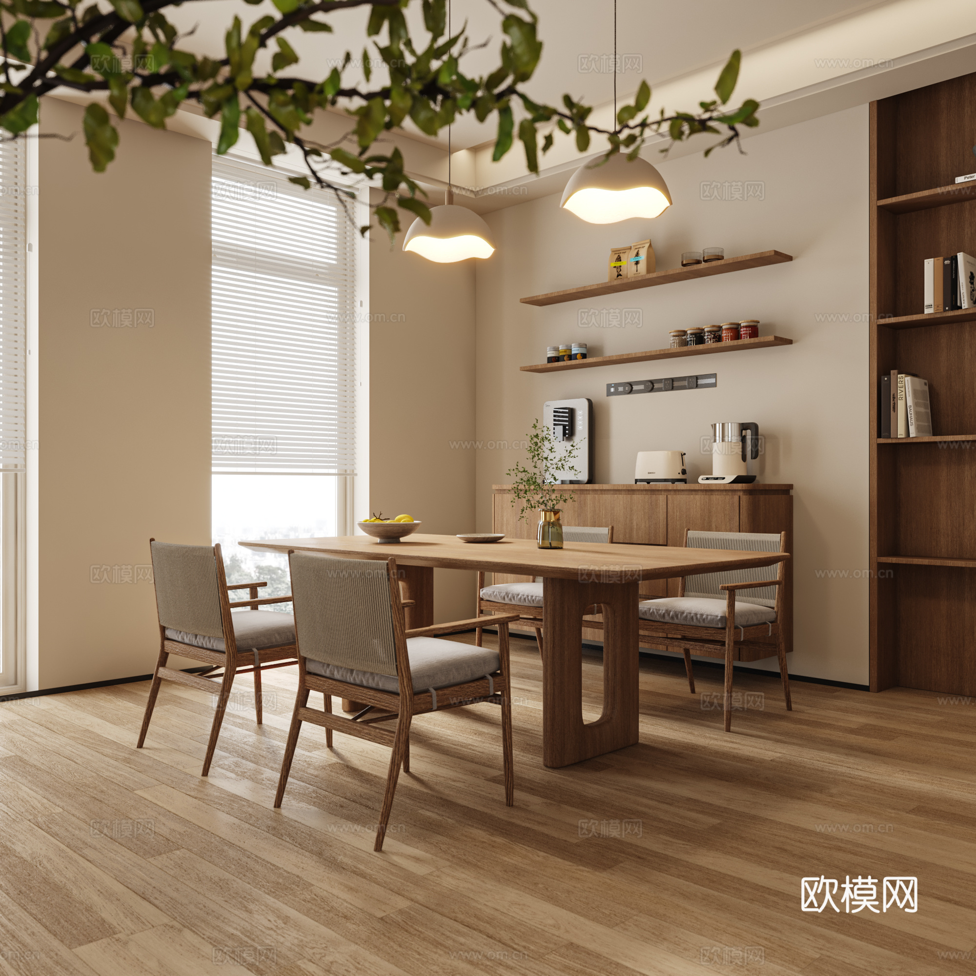 北欧餐厅  北欧餐桌椅组合  原木风餐桌椅3d模型