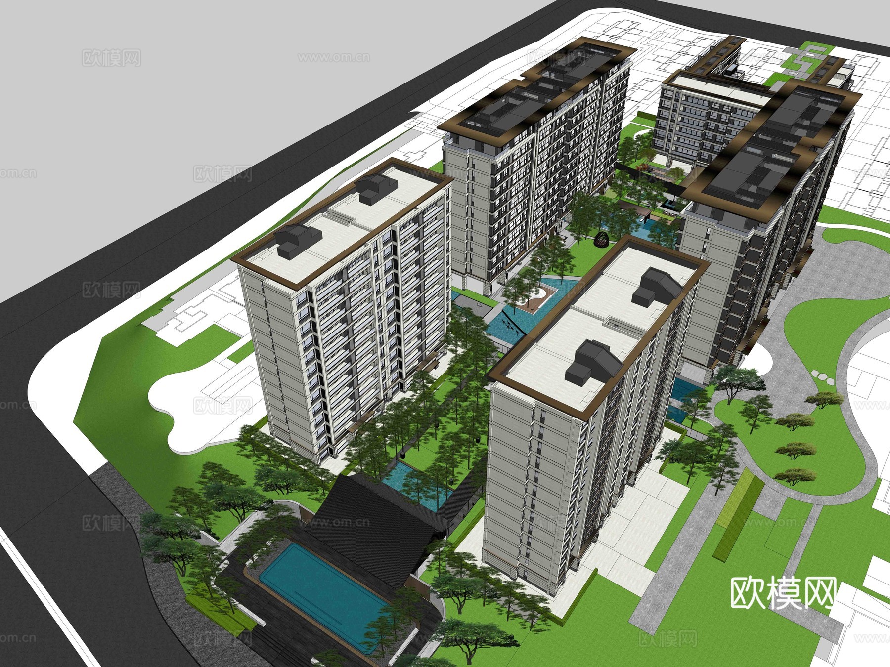 新中式居住区su模型下载