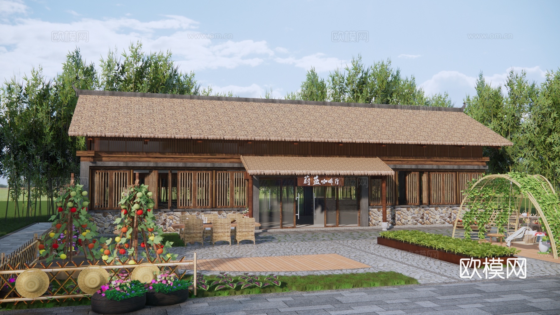 新中式咖啡厅建筑 茅草木屋 餐饮建筑 乡村茶馆 庭院景观su模型下载