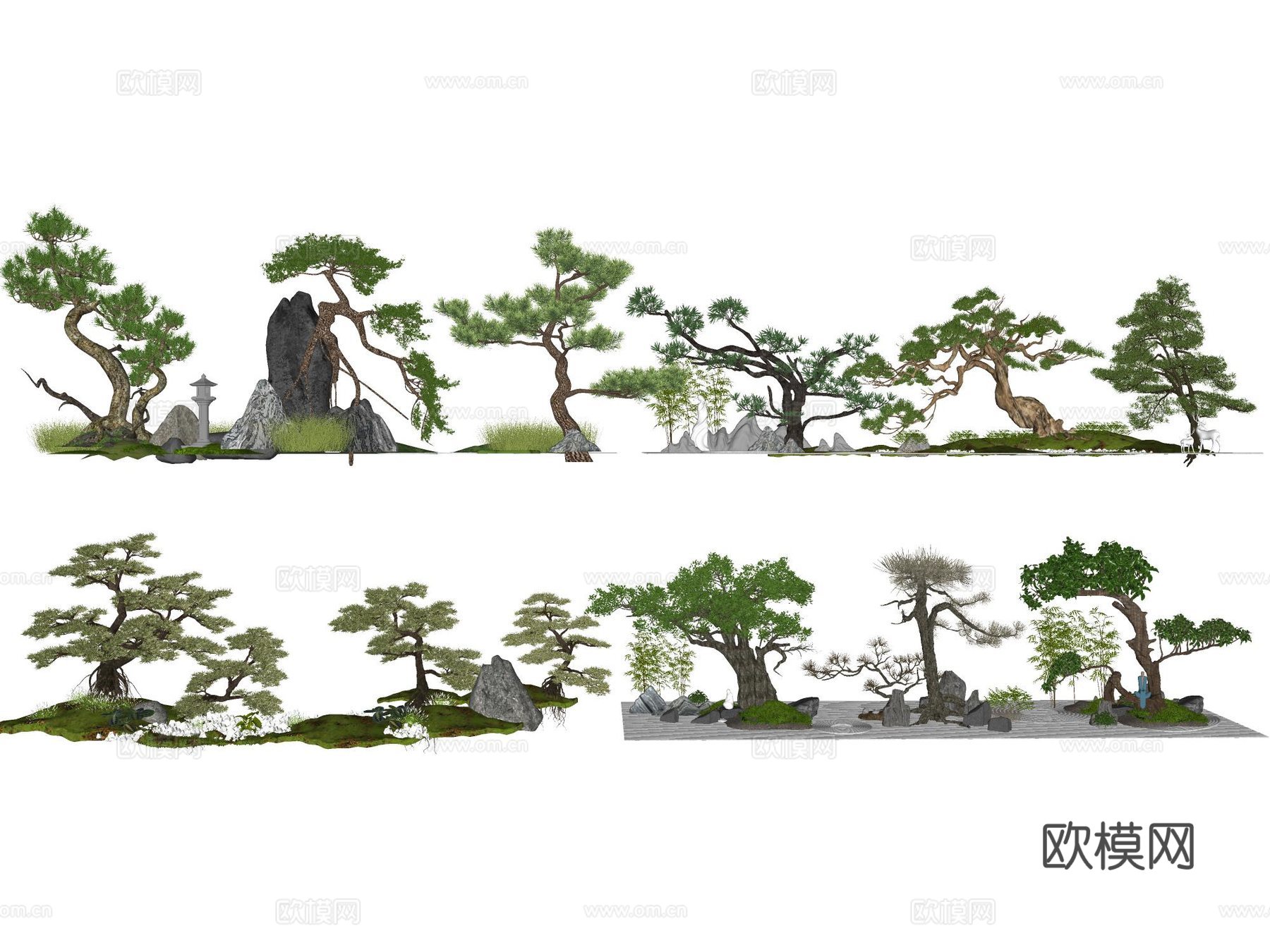 景观植物 罗汉松 造型树 黑松 庭院植物 假山景石 雕塑鹿 人物 石灯su模型下载