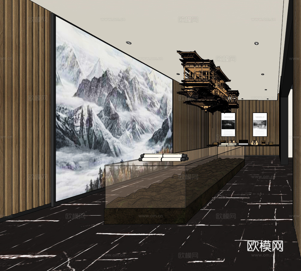新中式书画展厅su模型下载