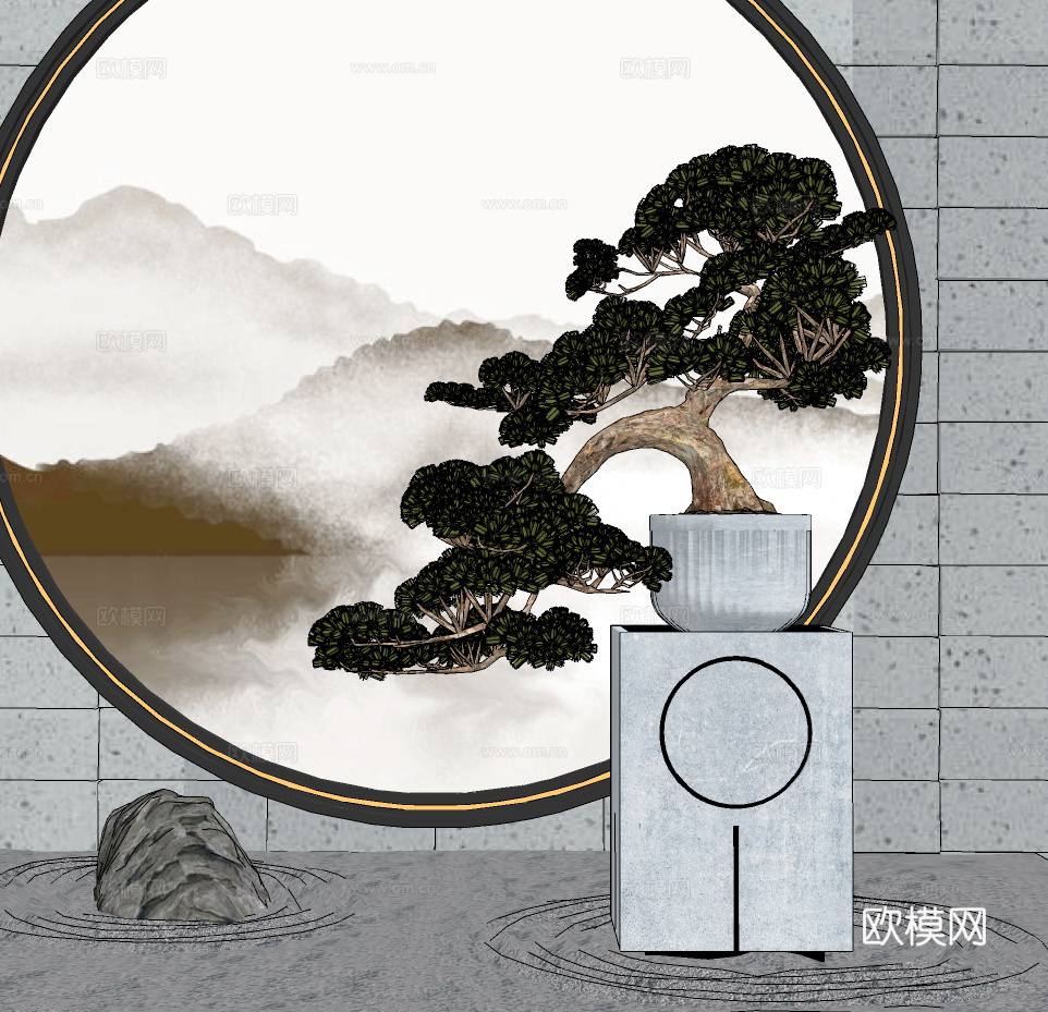 新中式盆景su模型
