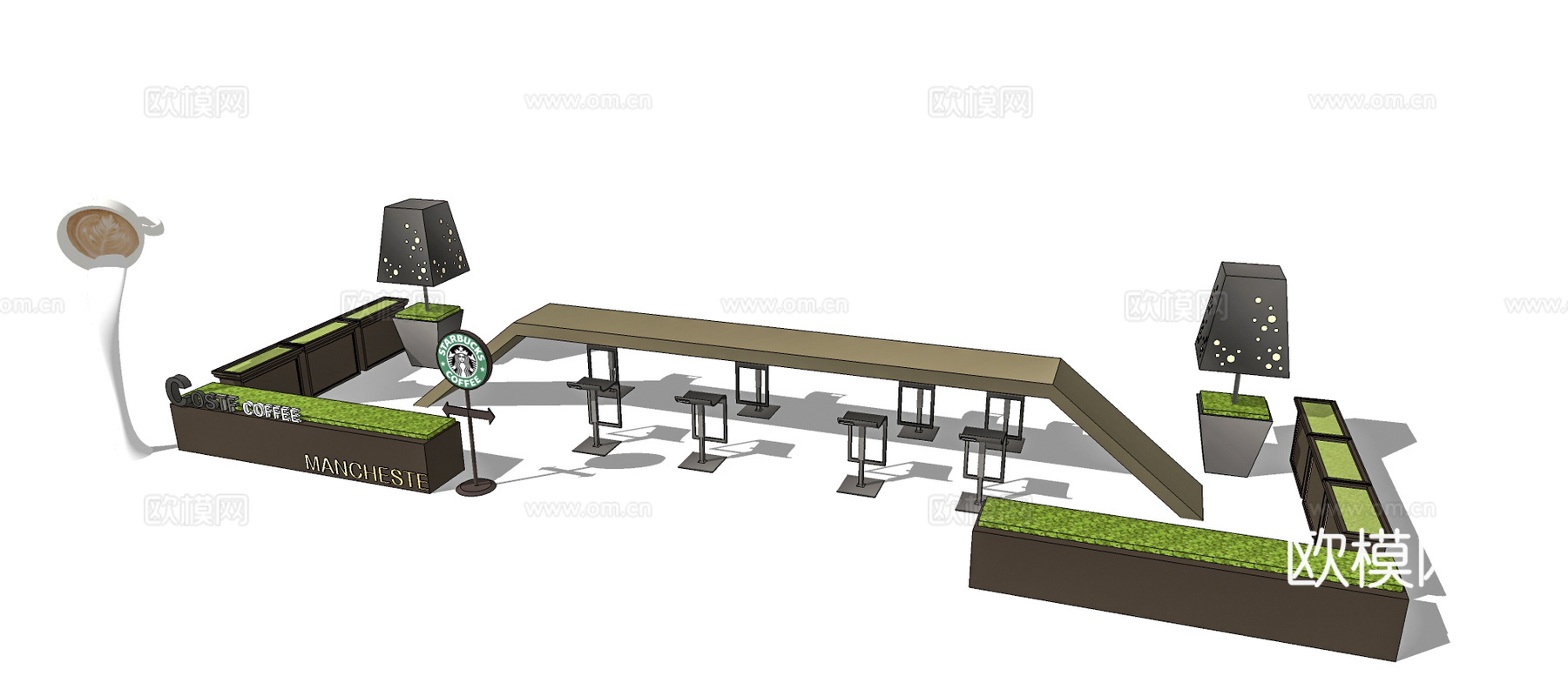 现代星巴克户外休闲桌椅su模型下载下载（渲染图2）