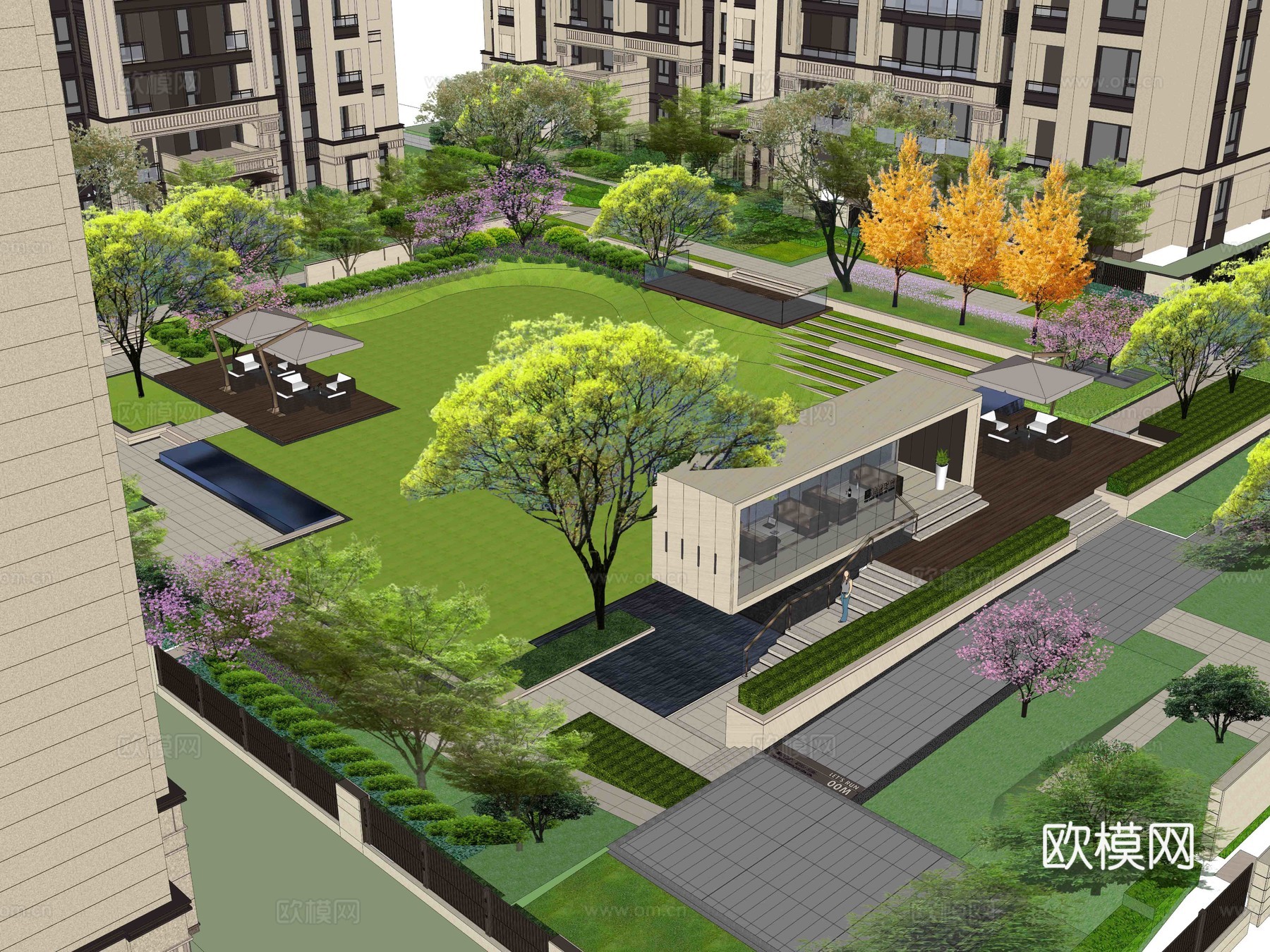 新中式居住区su模型下载