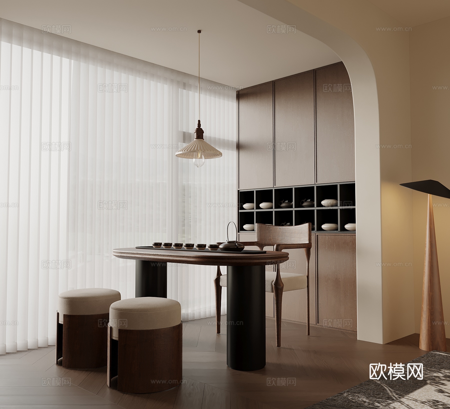 中古风小茶台 茶桌椅 装饰柜 落地灯3d模型