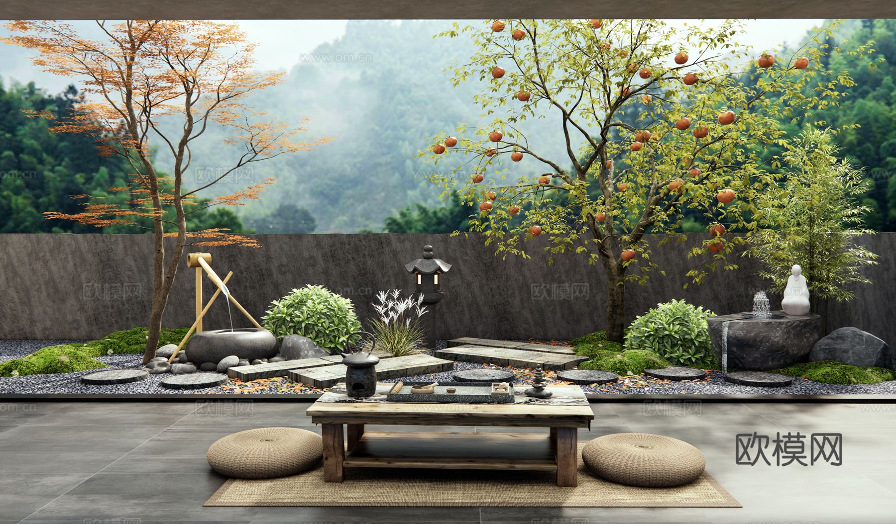 新中式别墅花园阳台 庭院景观 汀步 柿子树 庭院小品 水钵su模型