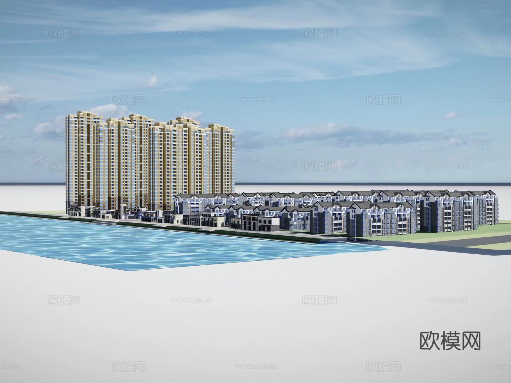 新中式小区建筑外观su模型下载