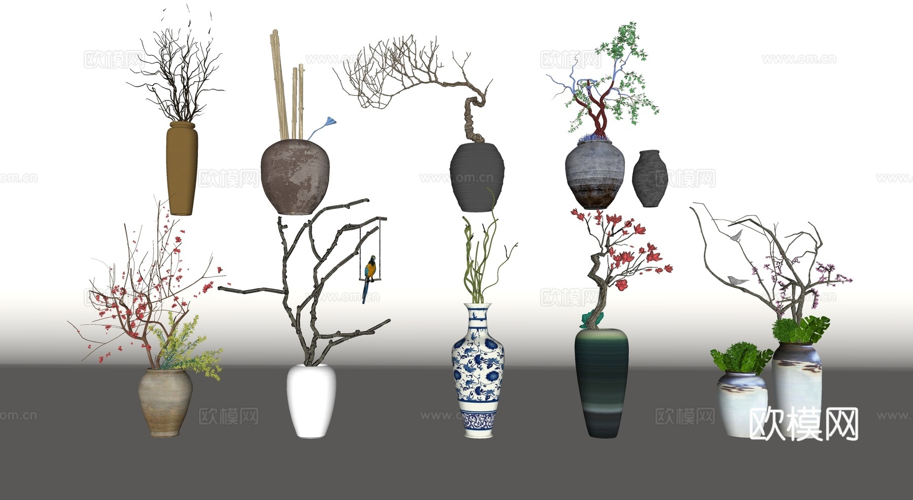 新中式陶罐青花瓷花瓶插花su模型下载