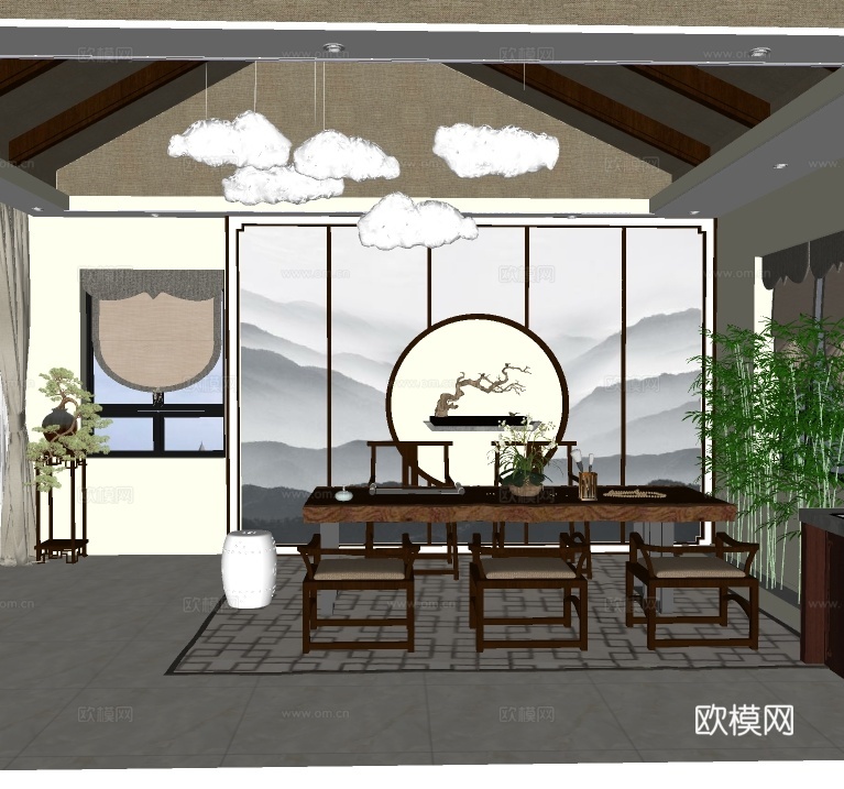 新中式茶室su模型下载
