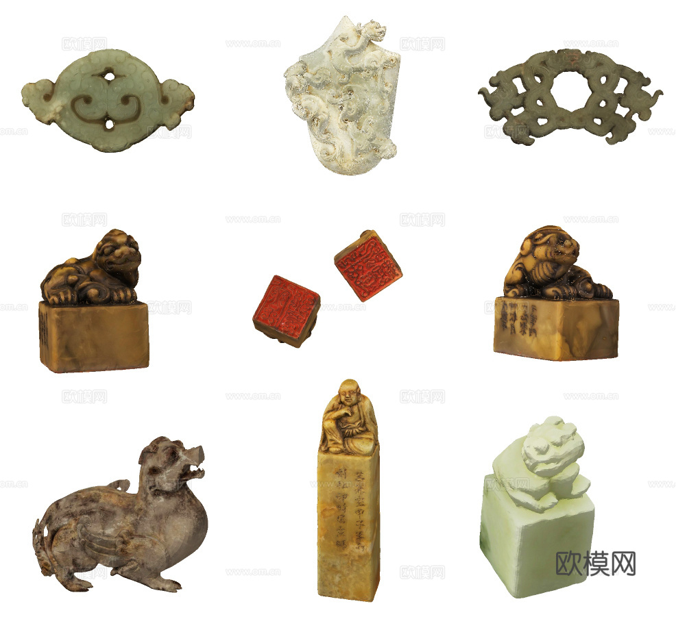 新中式玉玺玉佩古董摆件su模型下载