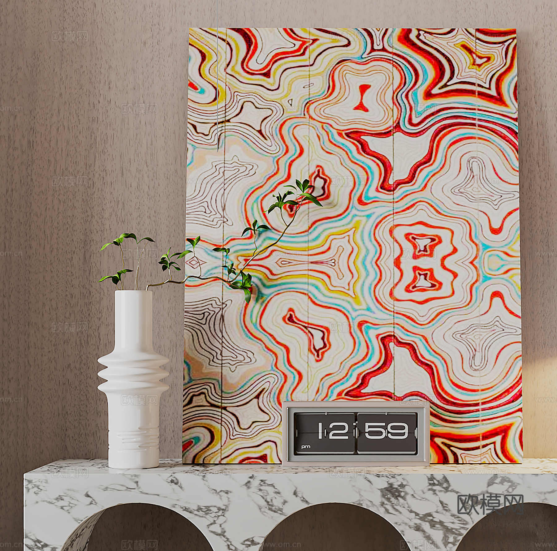 新中式玄关台 大理石台 挂画台灯 饰品摆件3d模型