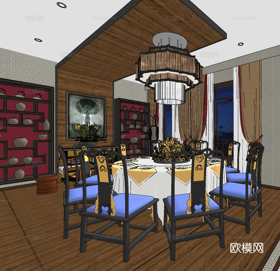 新中式餐厅su模型下载