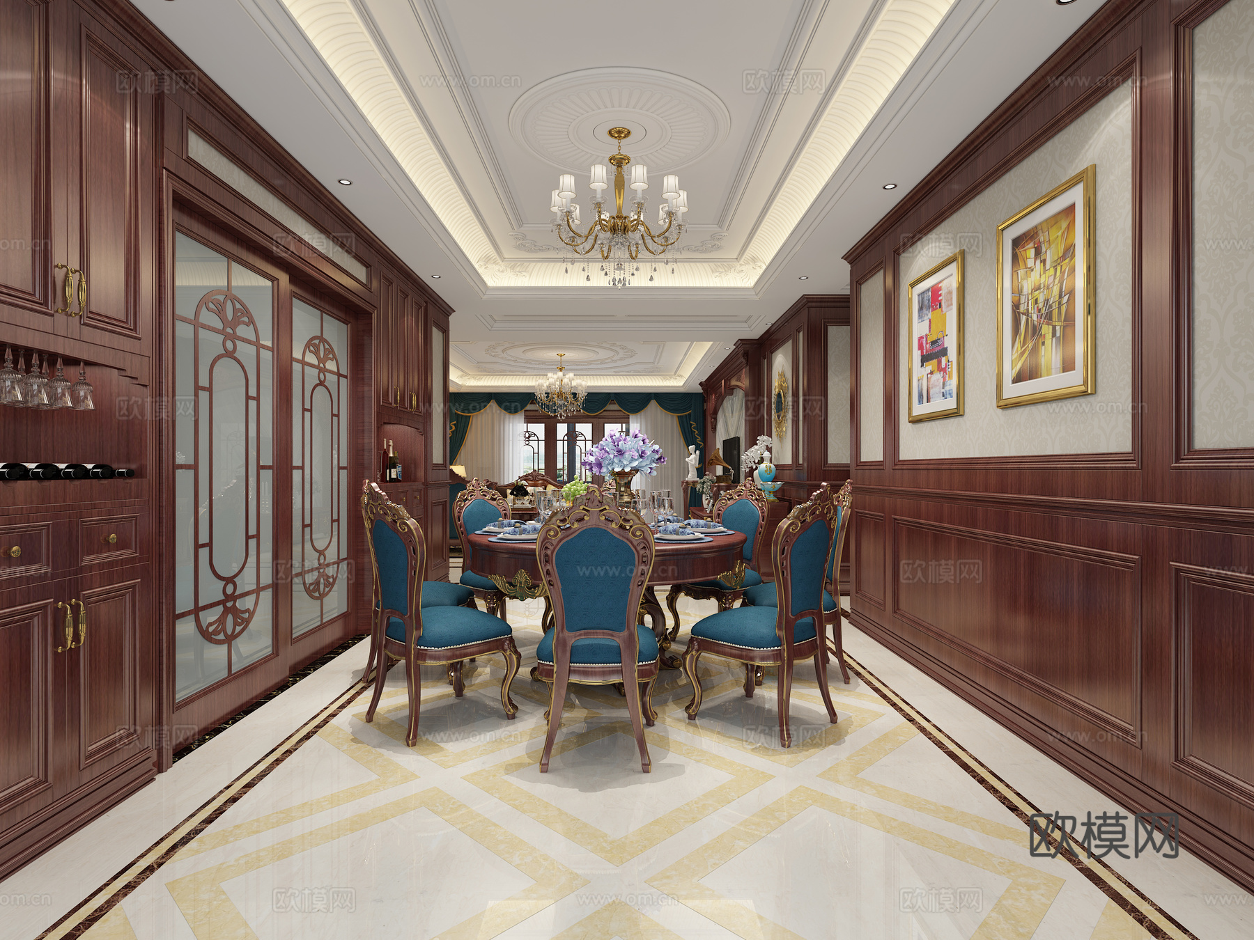 美式古典客餐厅3d模型
